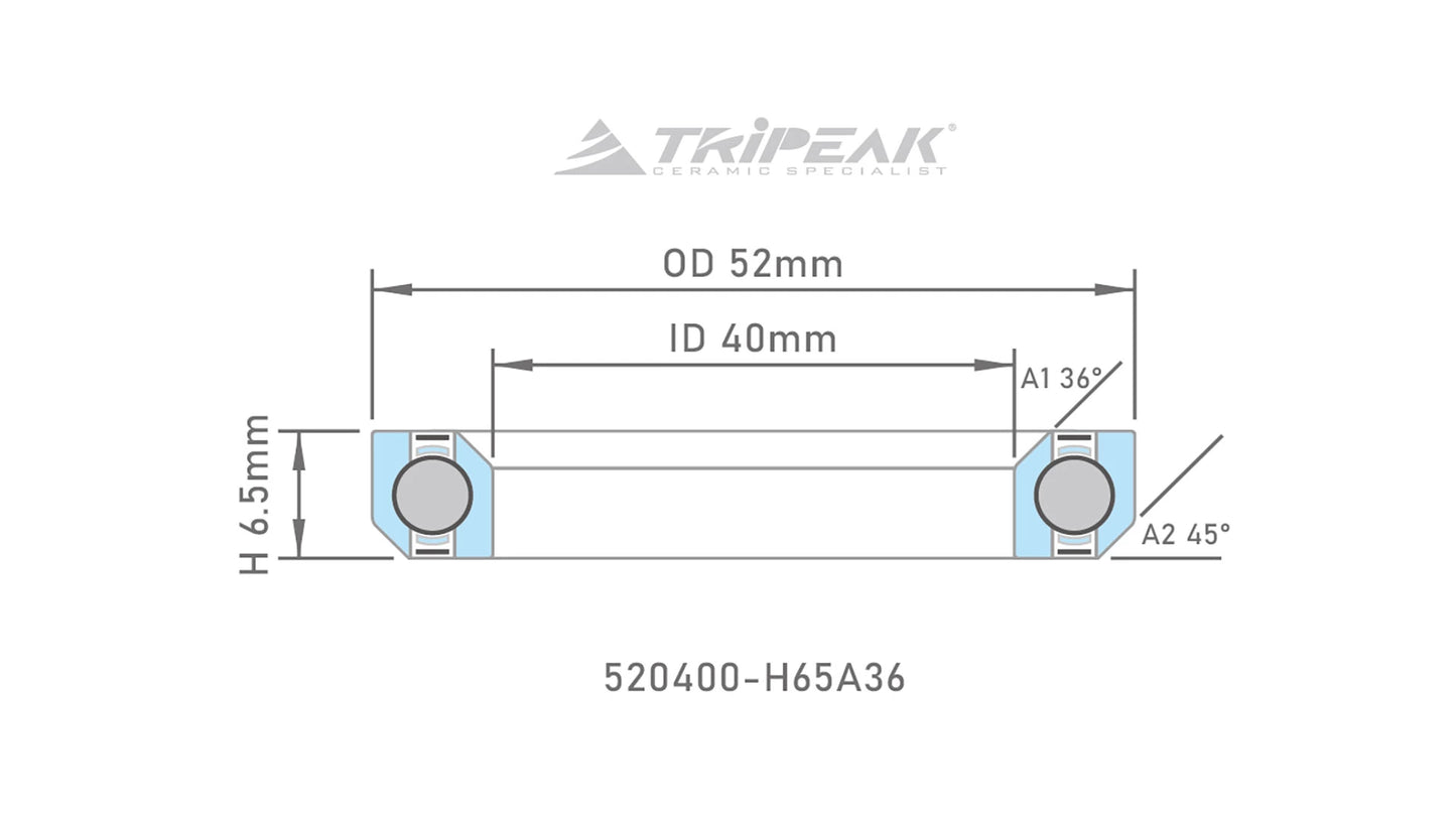 TriPeak Headset Bearing - Black Oxide Coating (OD:52xID:40xH:6.5 xA:36°/45°)